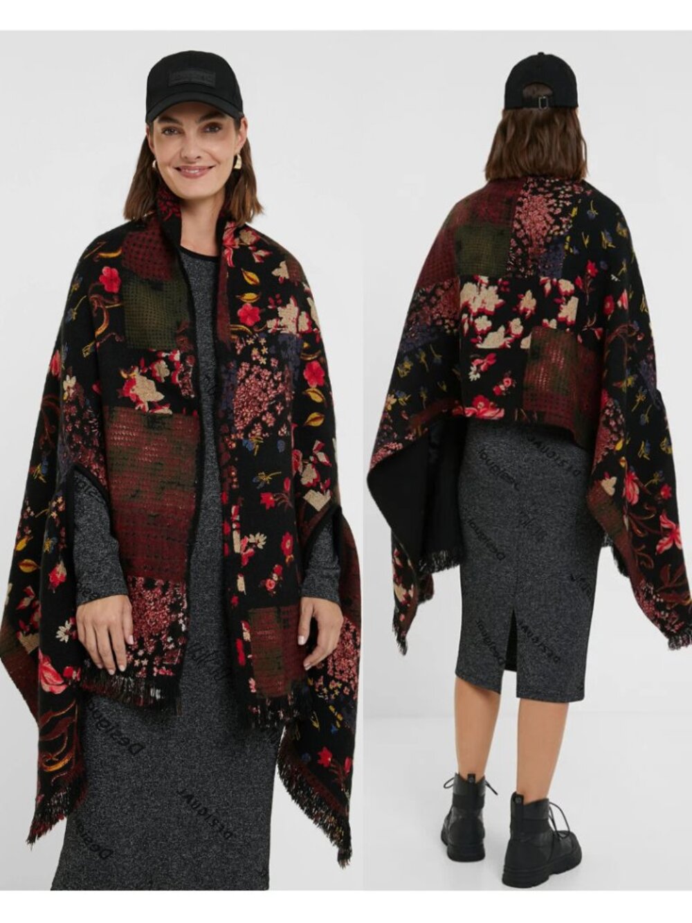 Desigual Colorful Floral Reversible Square Poncho
